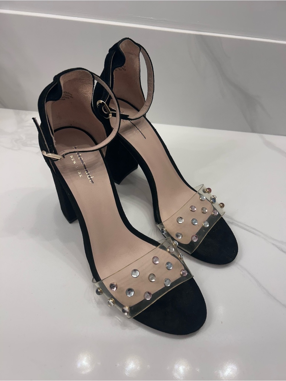 kate spade Black Block Heel Sandals with Studded Clear Toe Strap